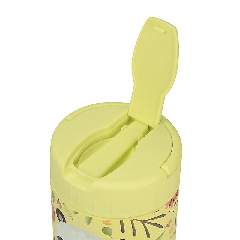 Portapranzo termico giallo per bambini decorato con panda e foglie in acciaio inossidabile, con cucchiaio incluso e maniglia estraibile per agevolare il trasporto